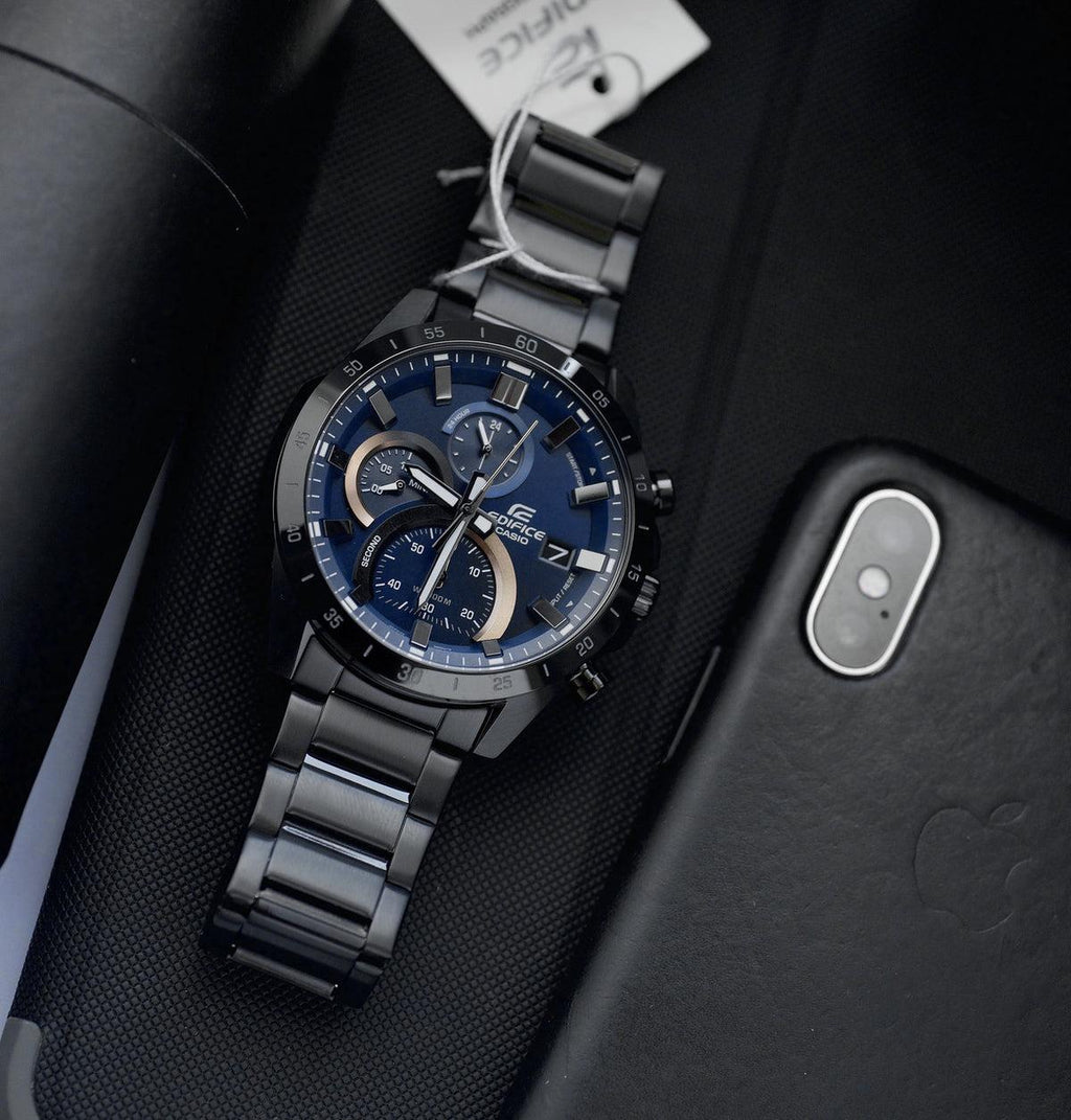 Casio Edifice EFR-571DC-2AVUDF Dark Blue Dial Gold Inner Dial Black IP Stainless Steel Analog Chronograph Men's Watch