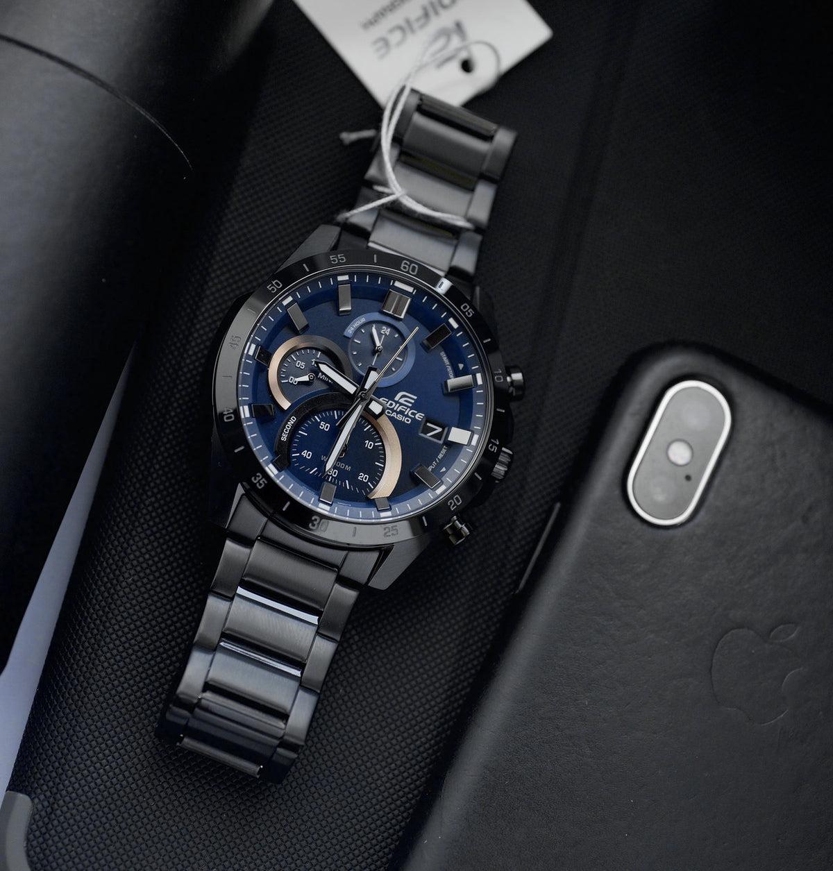Casio Edifice EFR-571DC-2AVUDF Dark Blue Dial Gold Inner Dial Black IP Stainless Steel Analog Chronograph Men's Watch