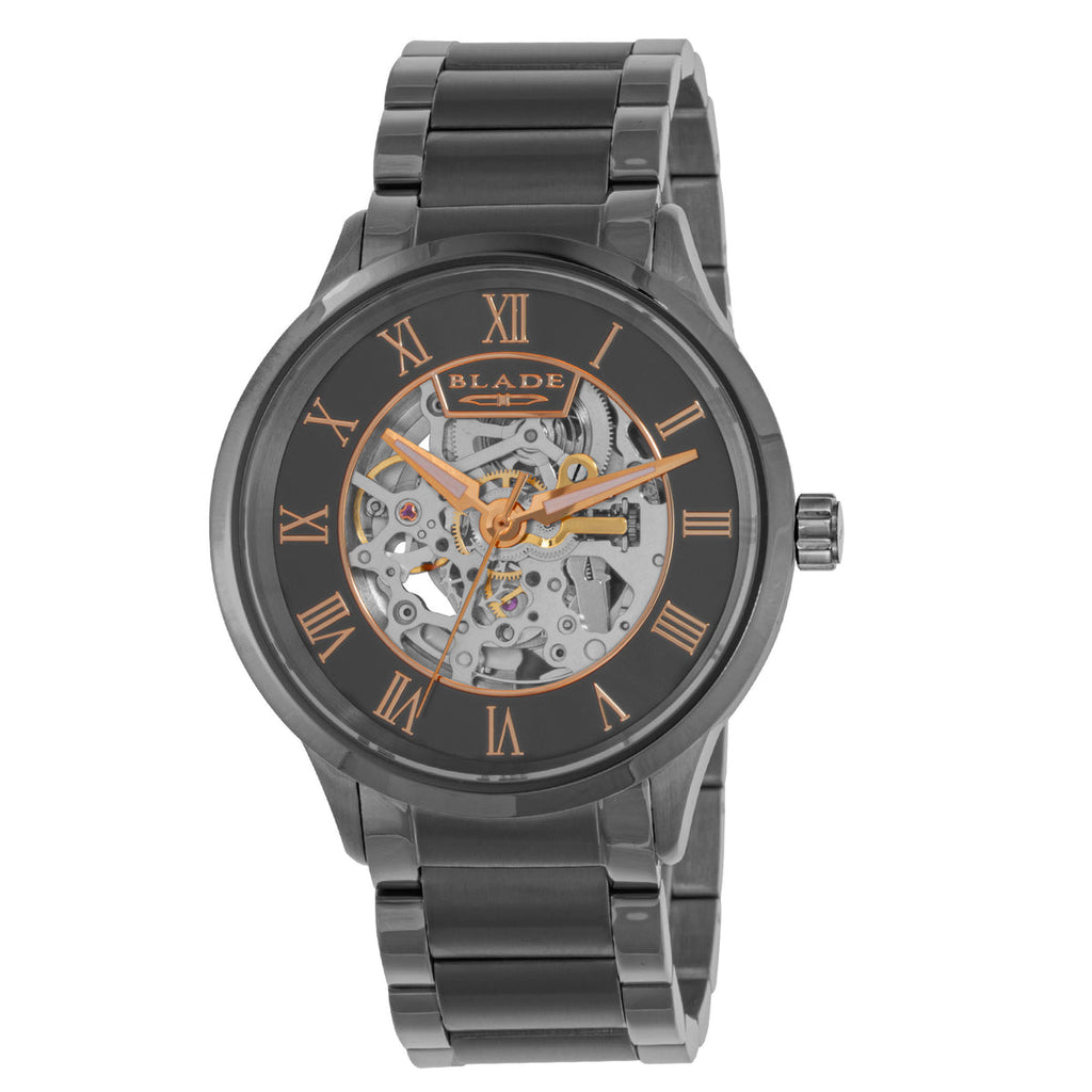 BLADE Sempre SS Gun 3703G2AGA Men’s Automatic Watch – Grey Skeleton Dial, Gunmetal Stainless Steel Case & Bracelet