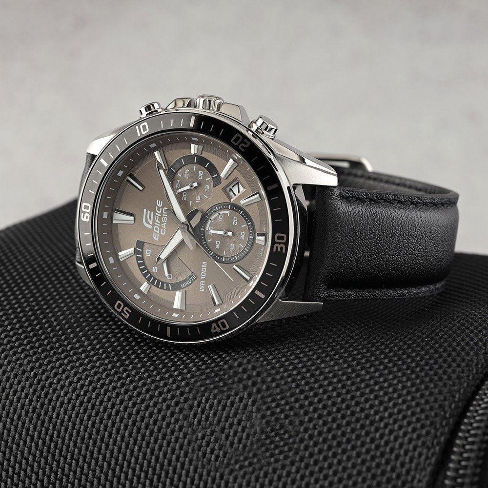 Casio Edifice EFR-552L-5AVUDF Light Brown Dial Black Genuine Leather Strap Analog Chronograph Men's Watch
