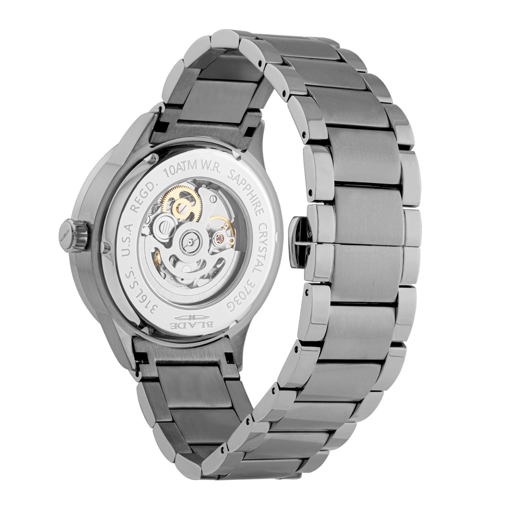 BLADE Sempre SS Gun 3703G2AGA Men’s Automatic Watch – Grey Skeleton Dial, Gunmetal Stainless Steel Case & Bracelet