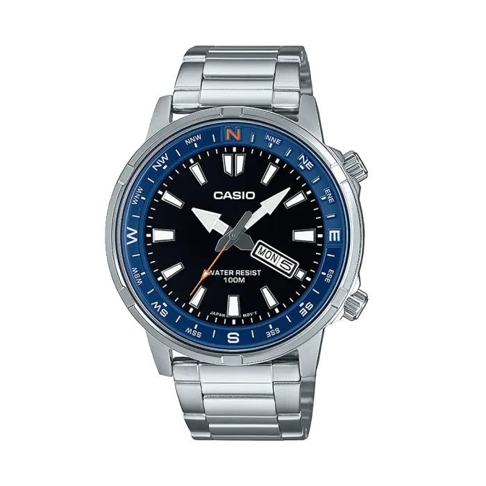 Casio MTD-130D-1A3VDF Men’s Analog Stainless Steel Watch – Black Dial with Green Compass Bezel | 100M Water Resistant