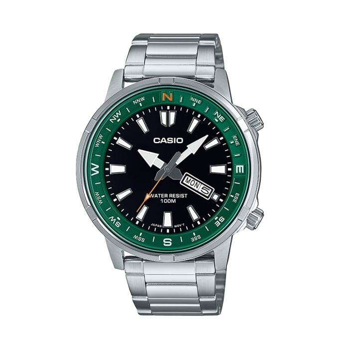 Casio MTD-130D-1A3VDF Men’s Analog Stainless Steel Watch – Black Dial with Green Compass Bezel | 100M Water Resistant