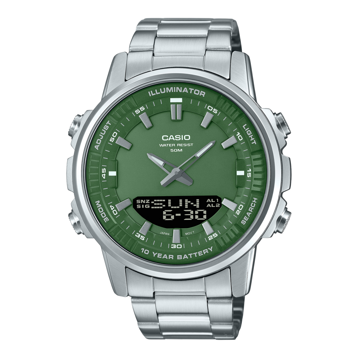 Casio AMW-880D Men’s Analog-Digital Stainless Steel Watch | 50M Water Resistant | 10-Year Battery
