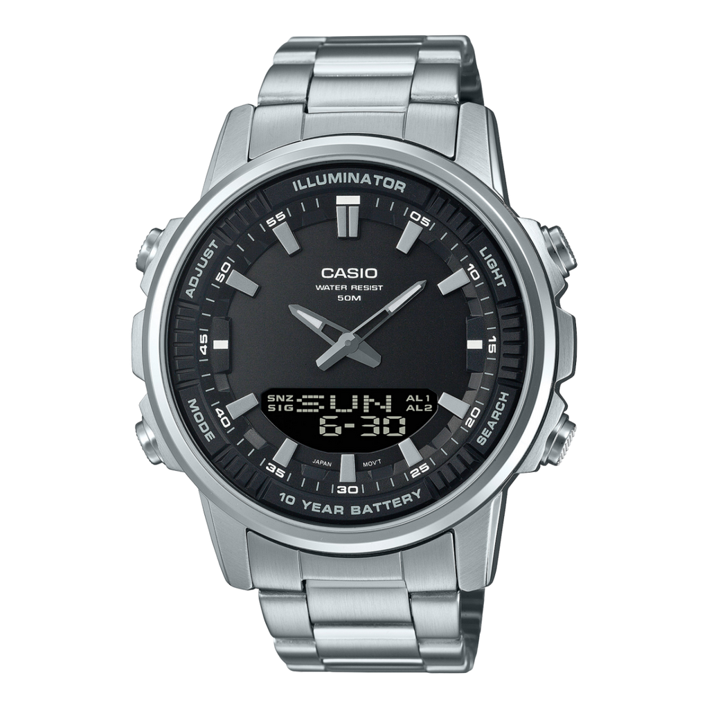 Casio AMW-880D Men’s Analog-Digital Stainless Steel Watch | 50M Water Resistant | 10-Year Battery