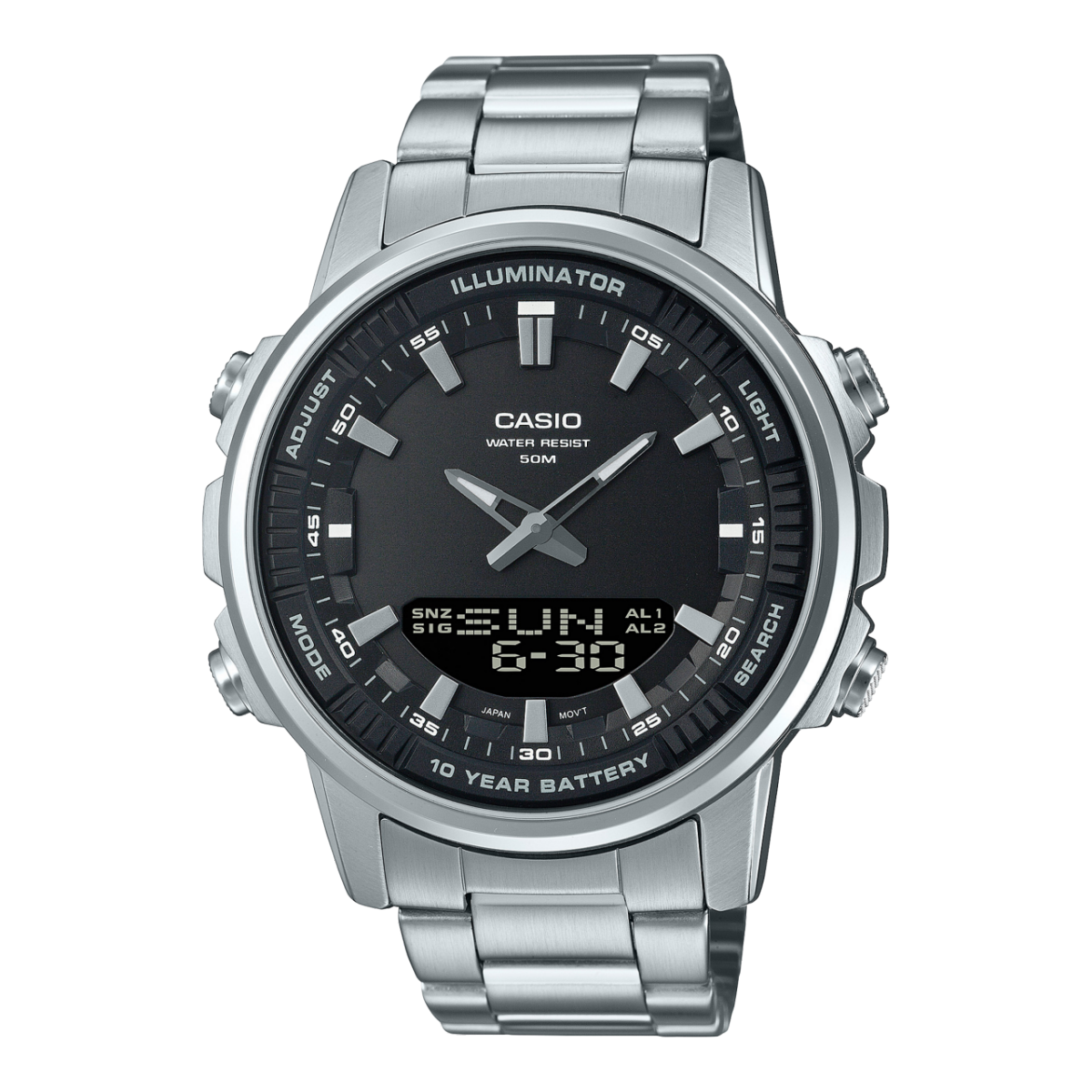 Casio AMW-880D Men’s Analog-Digital Stainless Steel Watch | 50M Water Resistant | 10-Year Battery