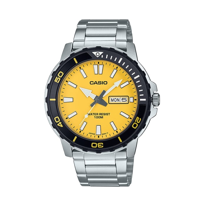 Casio MTD-125D-9AVDF Men’s Analog Stainless Steel Watch – Yellow Dial | 100M Water Resistant