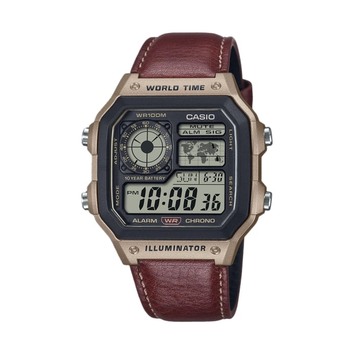 Casio AE-1200WHL-5AVDF Digital World Time Men’s Watch | Brown Leather Strap | 100M Water Resistant