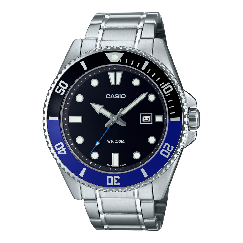 Casio MDV-107D-1A2V Duro Men’s Analog Dive Watch | Black Dial | Blue Bezel | Stainless Steel | 200M Water Resistant