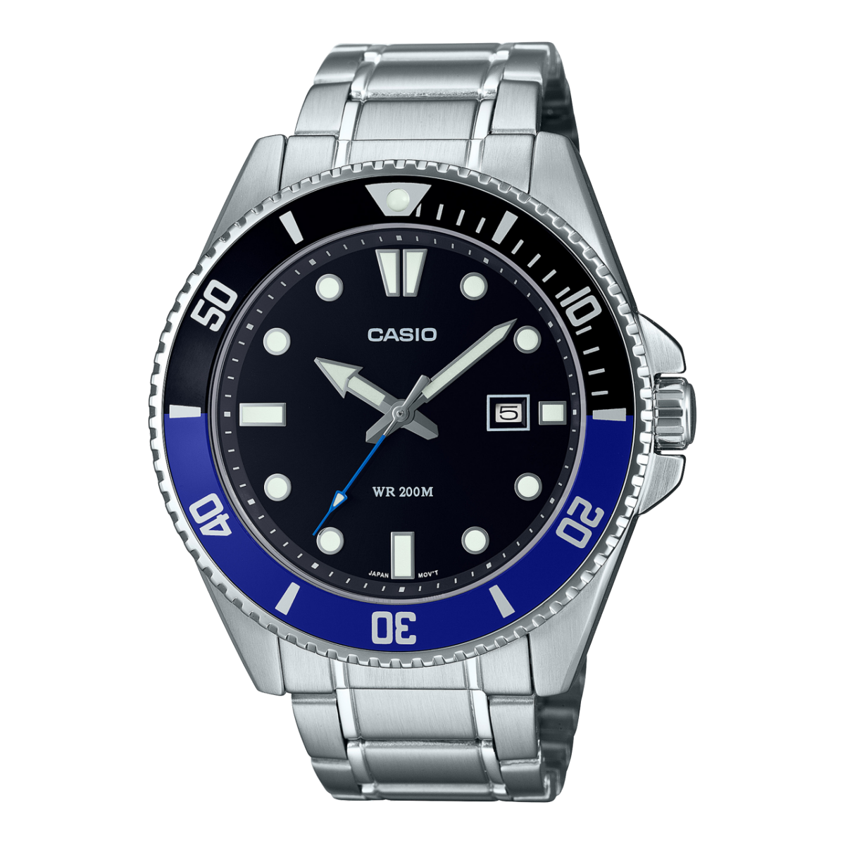 Casio MDV-107D-1A2V Duro Men’s Analog Dive Watch | Black Dial | Blue Bezel | Stainless Steel | 200M Water Resistant