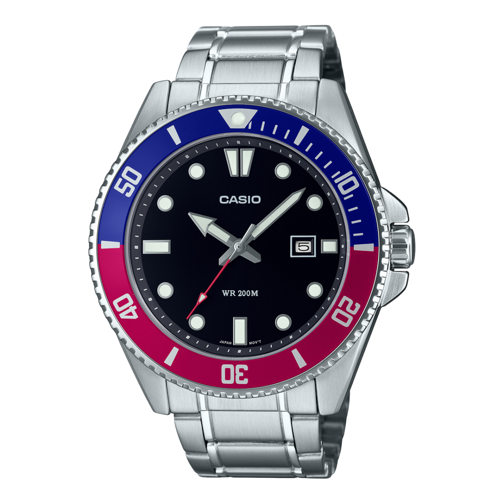 Casio MDV-107D-1A2V Duro Men’s Analog Dive Watch | Black Dial | Blue Bezel | Stainless Steel | 200M Water Resistant