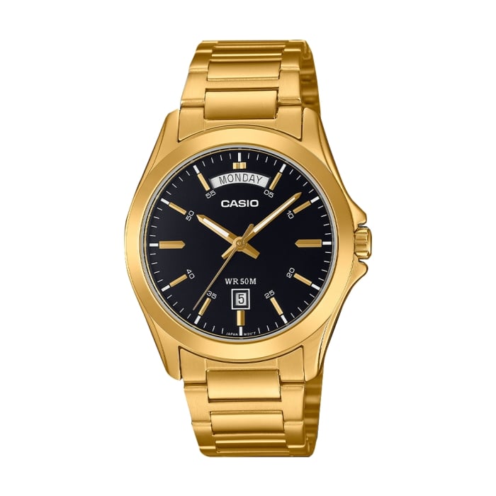 Casio MTP-1370G-1AVDF Standard Collection Men’s Analog Watch | Black Dial | Gold Ion-Plated Stainless Steel | Day & Date Display