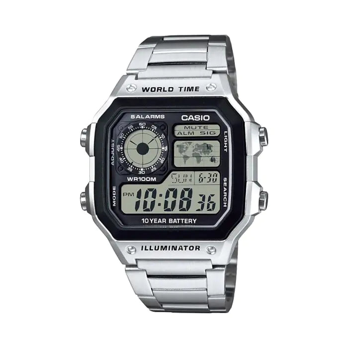 Casio AE-1200WHD-1AVDF Digital World Time Men’s Stainless Steel Watch | 10-Year Battery | 100M Water Resistant