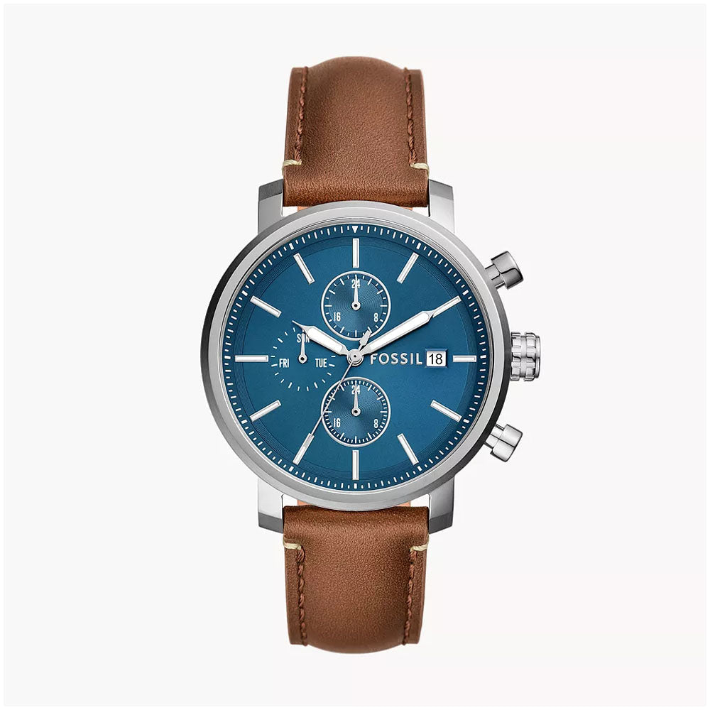 Fossil Rhett Multifunction BQ2847 Men’s Analog Watch | Blue Dial | Brown LiteHide™️ Leather Strap | Multifunction