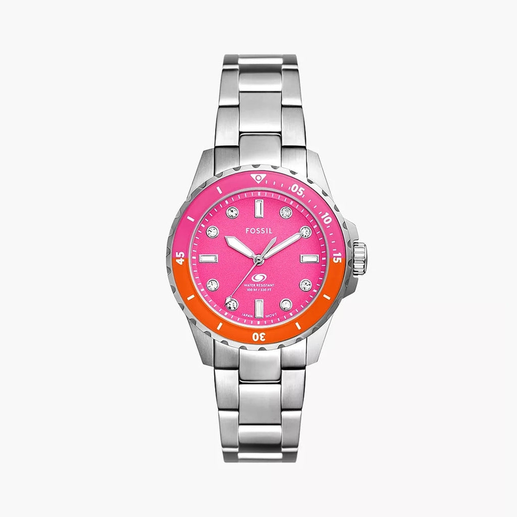 Fossil Blue ES5351 Women’s Silver Stainless Steel Watch with Pink Dial | 100M Water Resistant
