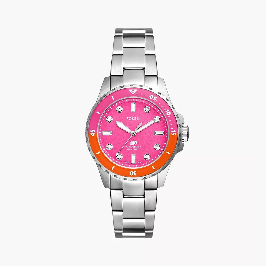 Fossil Blue ES5351 Women’s Silver Stainless Steel Watch with Pink Dial | 100M Water Resistant