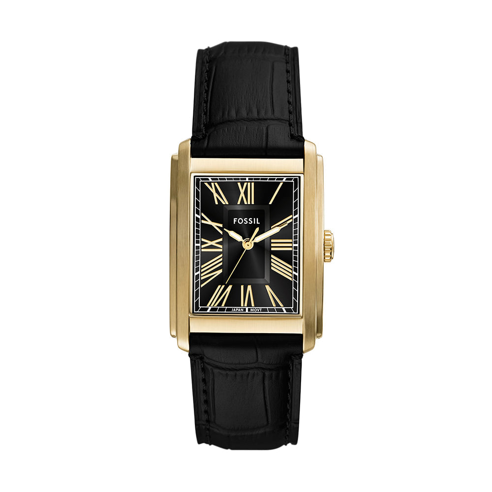 Fossil Carraway FS6091 Men’s Black Leather Strap Rectangular Analog Watch – Gold Tone Case
