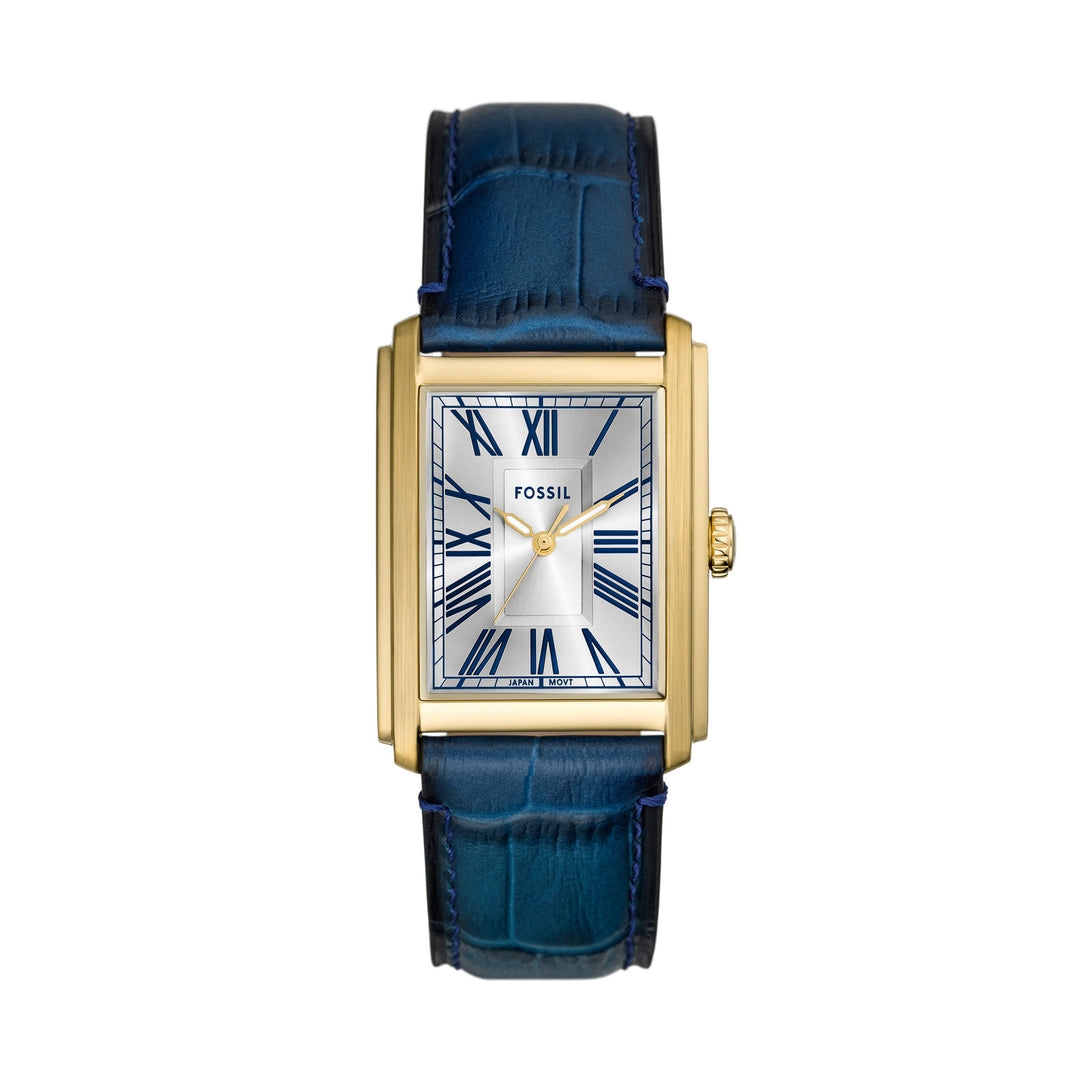 Fossil Carraway FS6076 Men’s Gold Tone Rectangular Watch with Blue Leather Strap