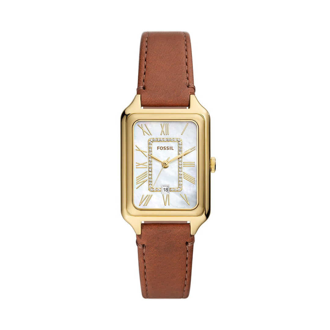 Fossil Raquel ES5307 Women’s Gold Tone Rectangular Watch with Brown LiteHide™️ Leather Strap