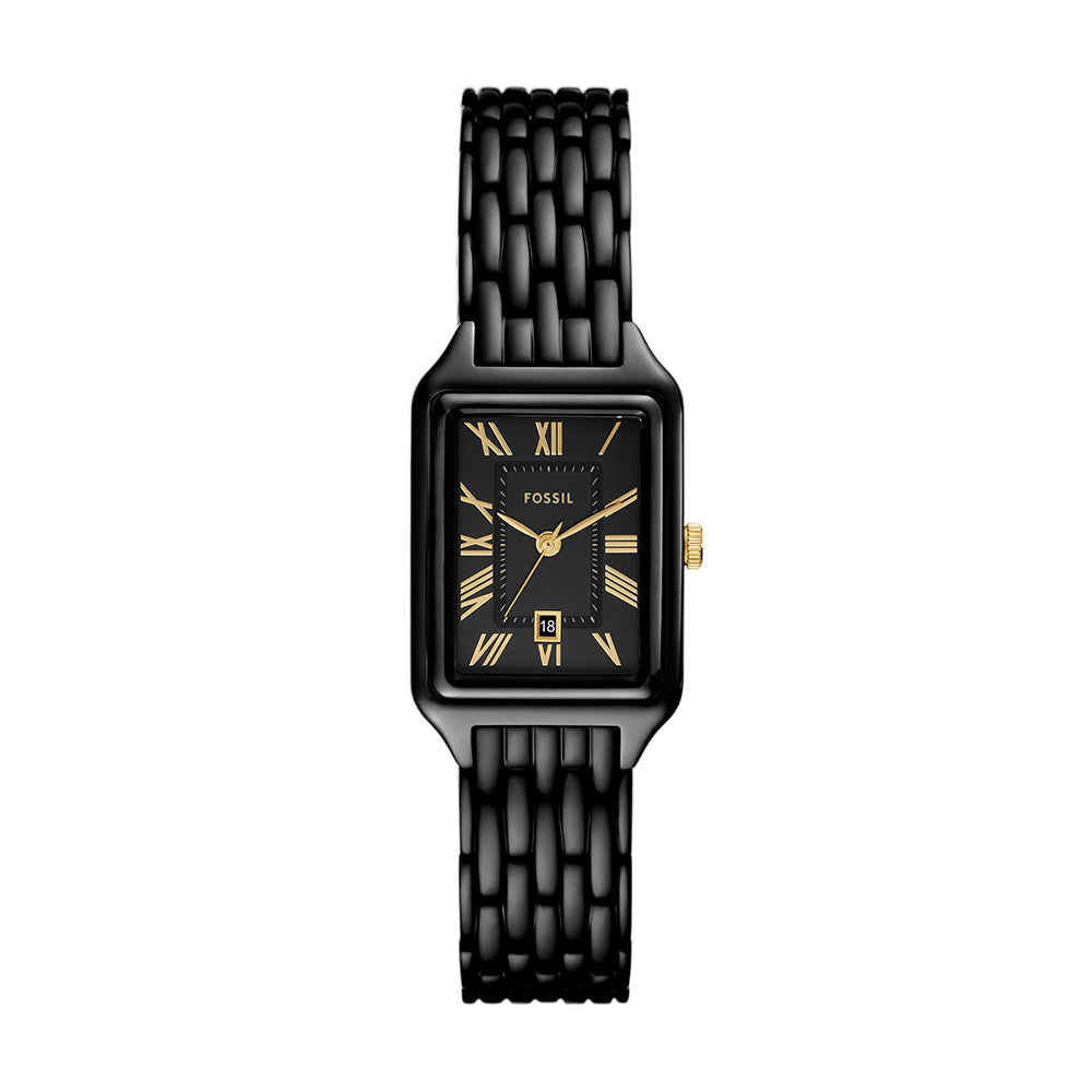 Fossil Raquel ES5385 Women’s Black Stainless Steel Rectangular Watch with Gold Accents