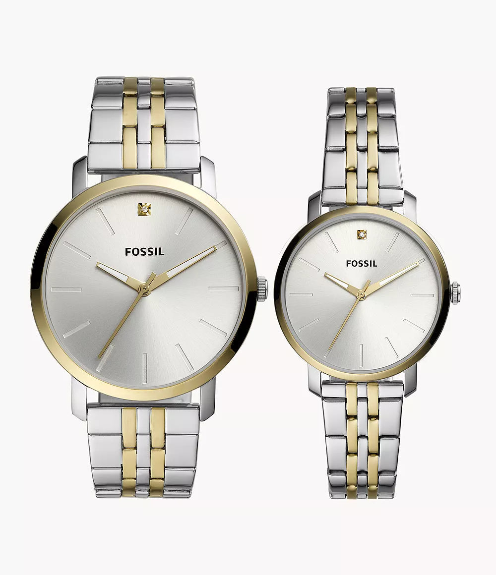 Fossil BQ2467SET Couple Stainless Steel Analog Watch Set for Men & Women | Two-Tone Silver Gold