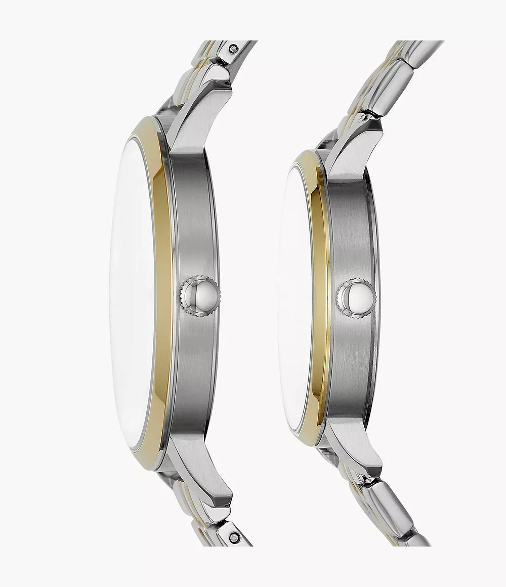 Fossil BQ2467SET Couple Stainless Steel Analog Watch Set for Men & Women | Two-Tone Silver Gold