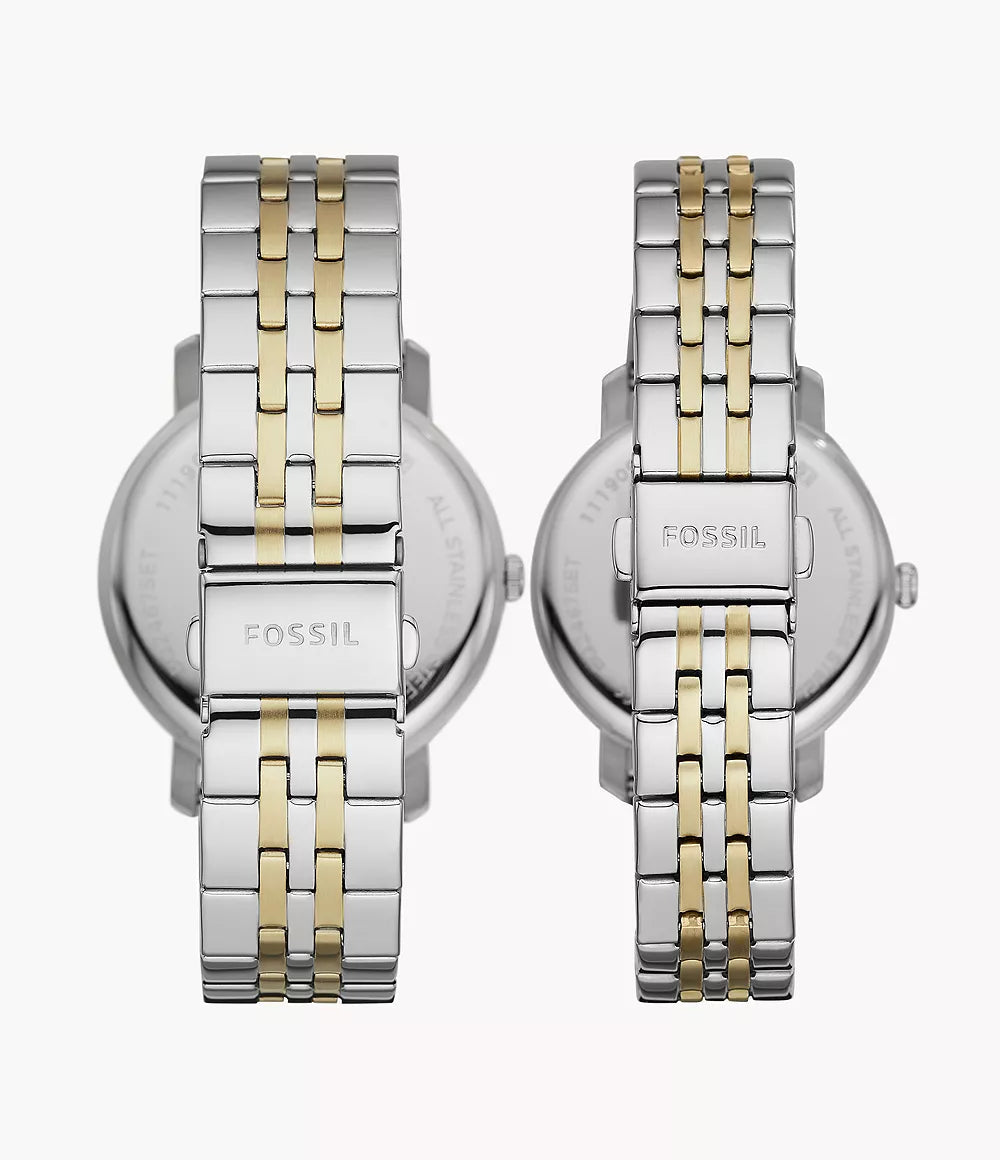 Fossil BQ2467SET Couple Stainless Steel Analog Watch Set for Men & Women | Two-Tone Silver Gold