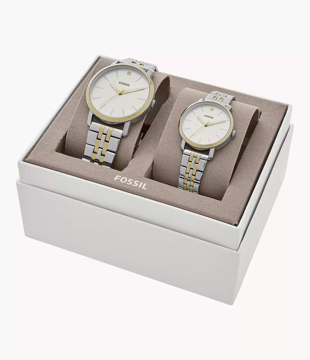 Fossil BQ2467SET Couple Stainless Steel Analog Watch Set for Men & Women | Two-Tone Silver Gold