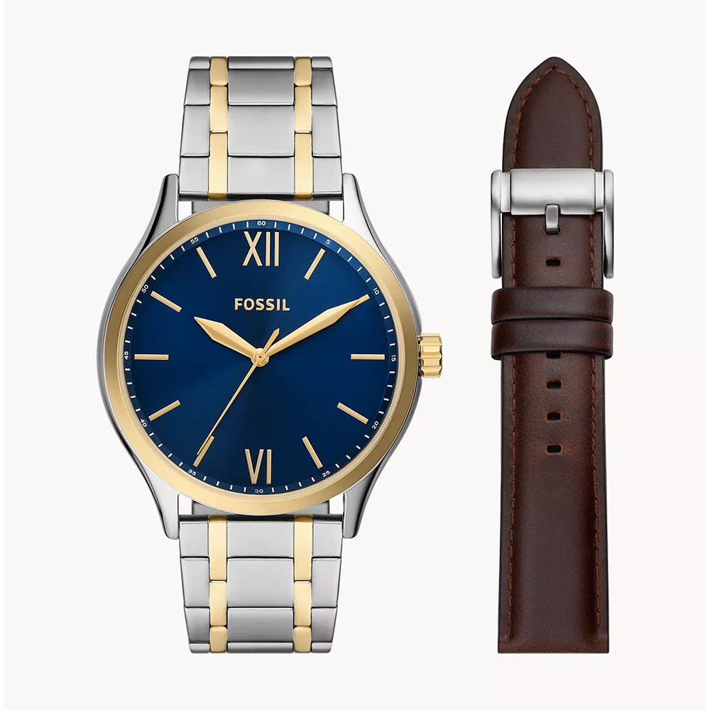 Fossil Fenmore Three-Hand Two-Tone Stainless Steel Watch & Brown Leather Strap Box Set | BQ2786SET Fossil Fenmore Three-Hand Two-Tone Stainless Steel Watch & Brown Leather Strap Box Set | BQ2786SET