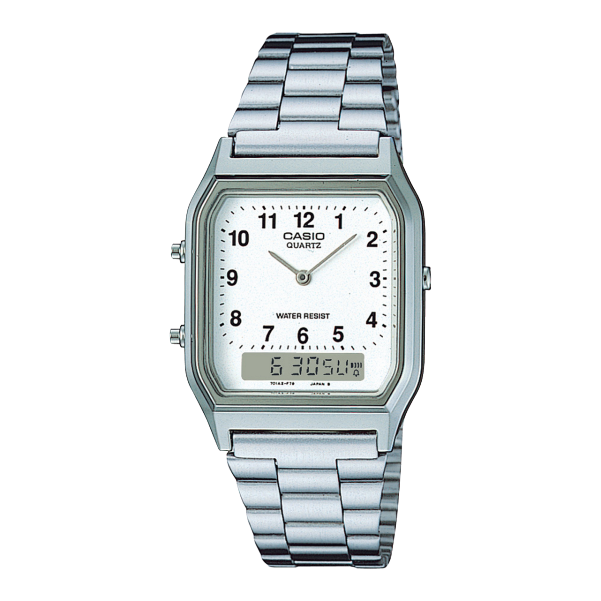 Casio Vintage AQ-230A-7B Analog-Digital Watch | Silver Dial Stainless Steel Unisex Watch