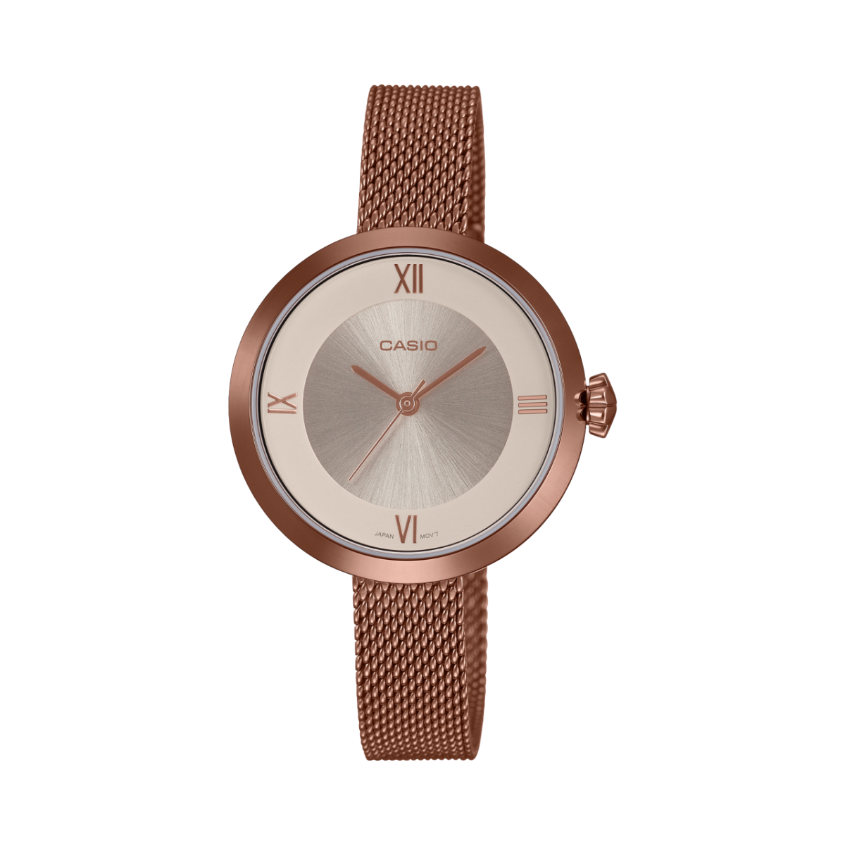 Casio LTP-E154MR-9A Women’s Analog Watch | Rose Gold Mesh Bracelet Champagne Dial