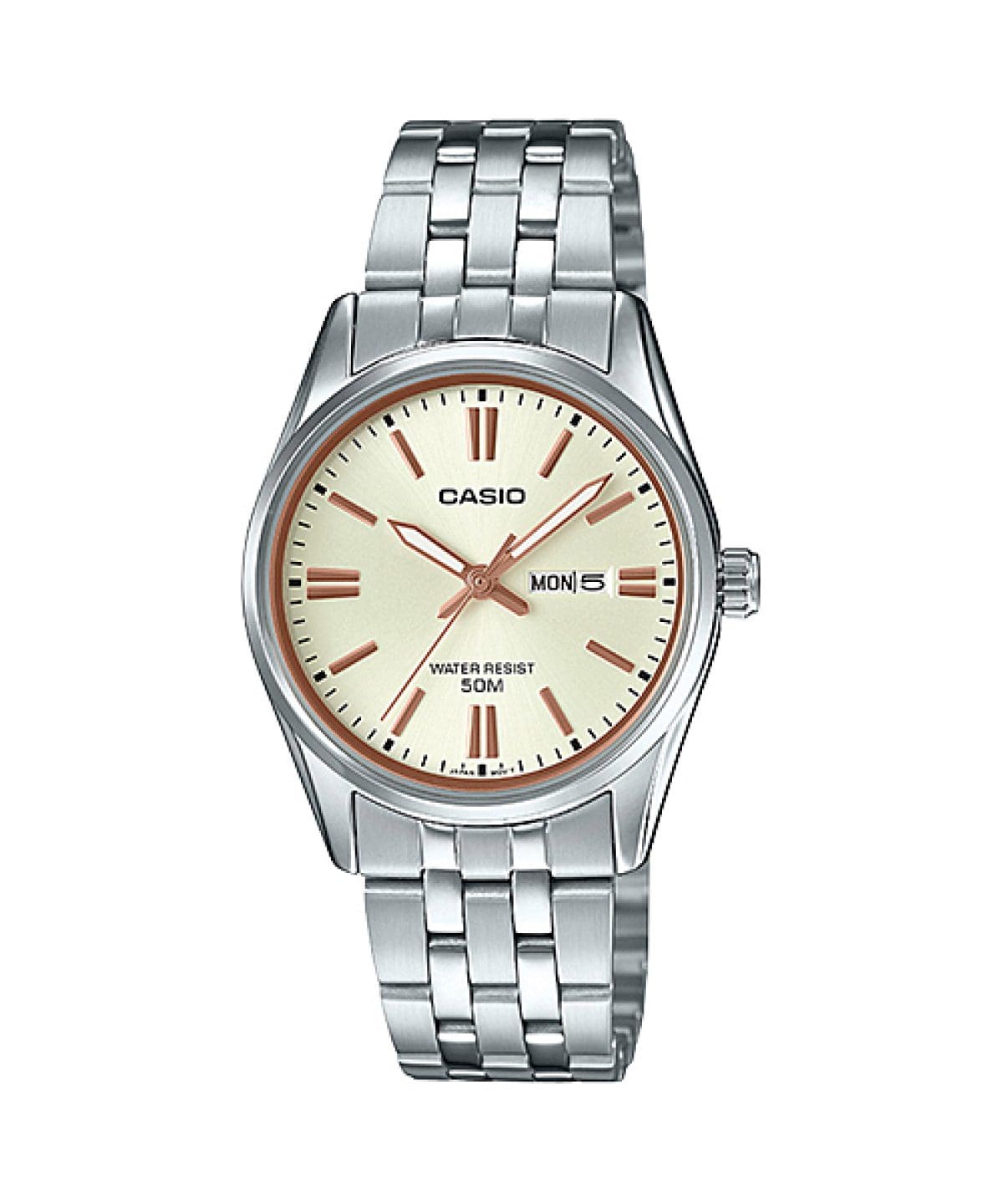 Casio LTP-1335D-9AV Women’s Analog Watch | Champagne Dial Stainless Steel Day-Date Watch