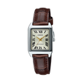 Casio LTP-V007L-9BUDF Women’s Analog Watch | Champagne Dial | Brown Leather Strap | Rectangular Stainless Steel Case
