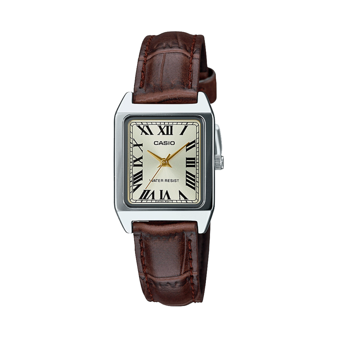 Casio LTP-V007L-9BUDF Women’s Analog Watch | Champagne Dial | Brown Leather Strap | Rectangular Stainless Steel Case