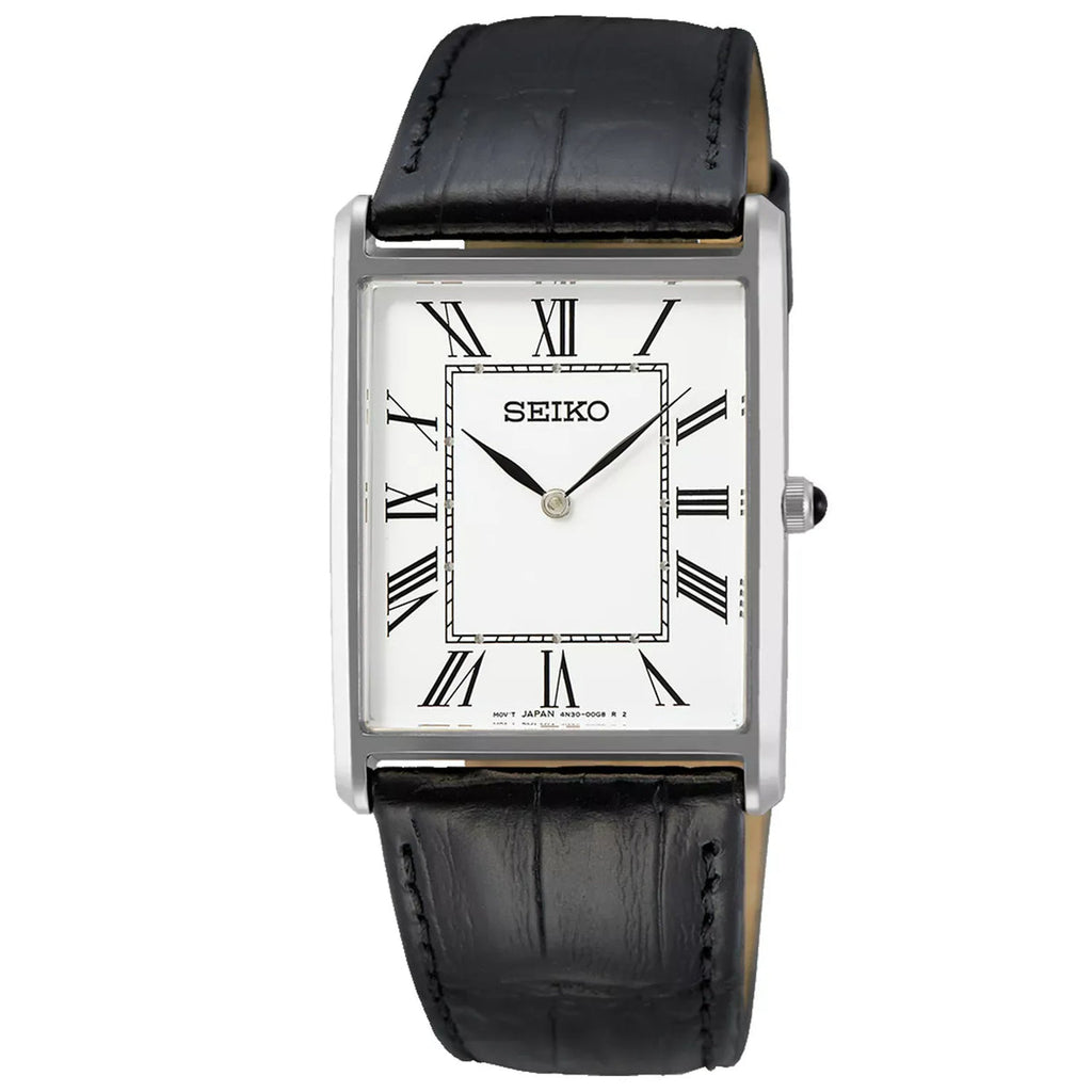 Seiko Essentials SWR049P1 Men’s Quartz Watch | White Dial | Black Leather Strap
