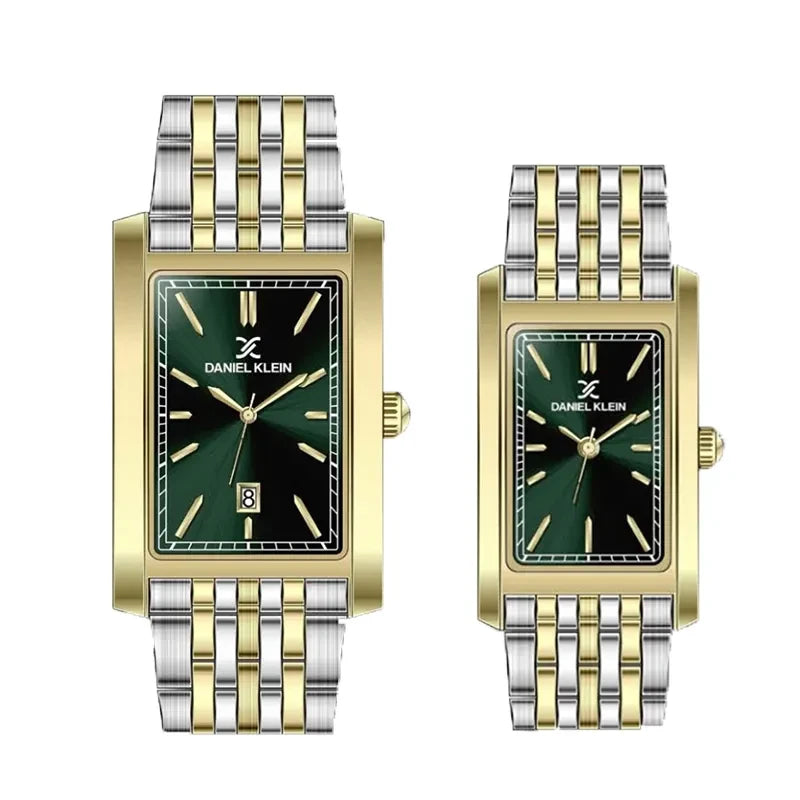 Daniel Klein Green Dial Couple Watch Set – Two-Tone Stainless Steel | Quartz Analog | Gift Box Included