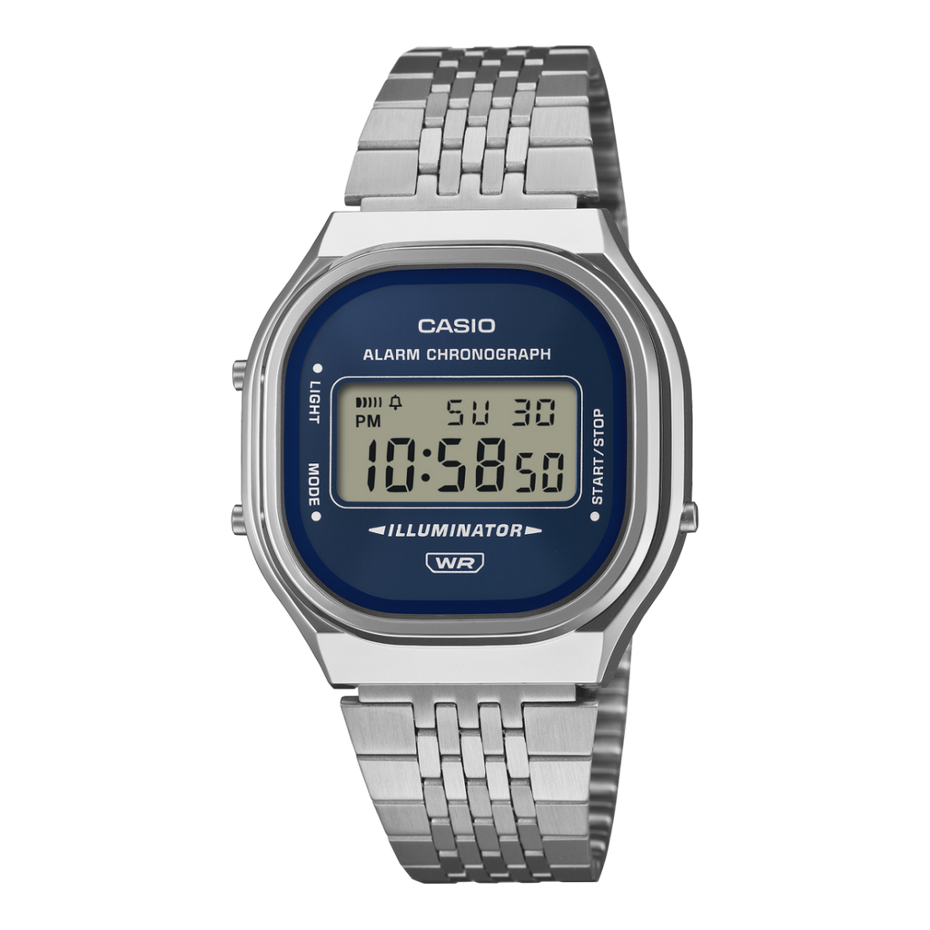 Casio Vintage A140WE-2A Digital Watch – Silver Stainless Steel with Blue Dial
