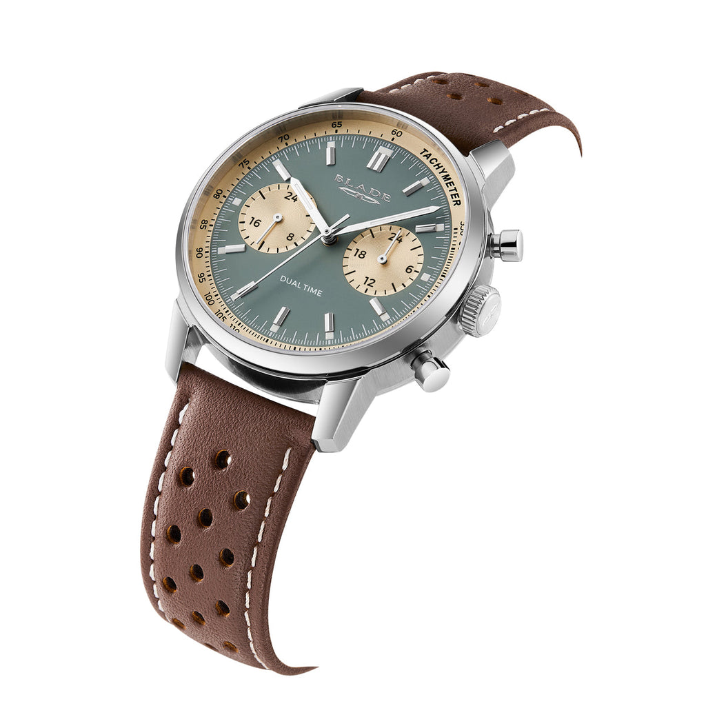 BLADE Rally Khaki 3721G1SED Men’s Dual-Time Chronograph Watch – Stainless Steel & Brown Leather Strap