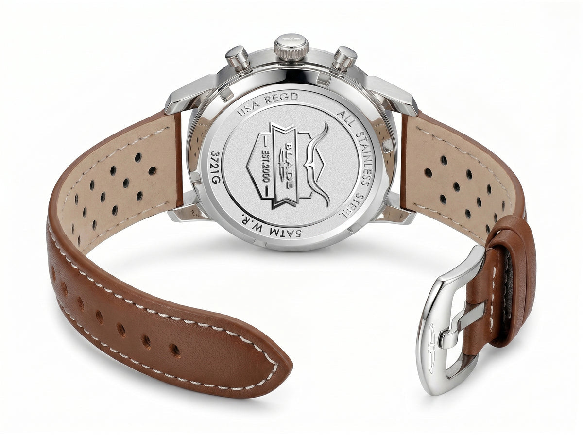 BLADE Rally Khaki 3721G1SED Men’s Dual-Time Chronograph Watch – Stainless Steel & Brown Leather Strap