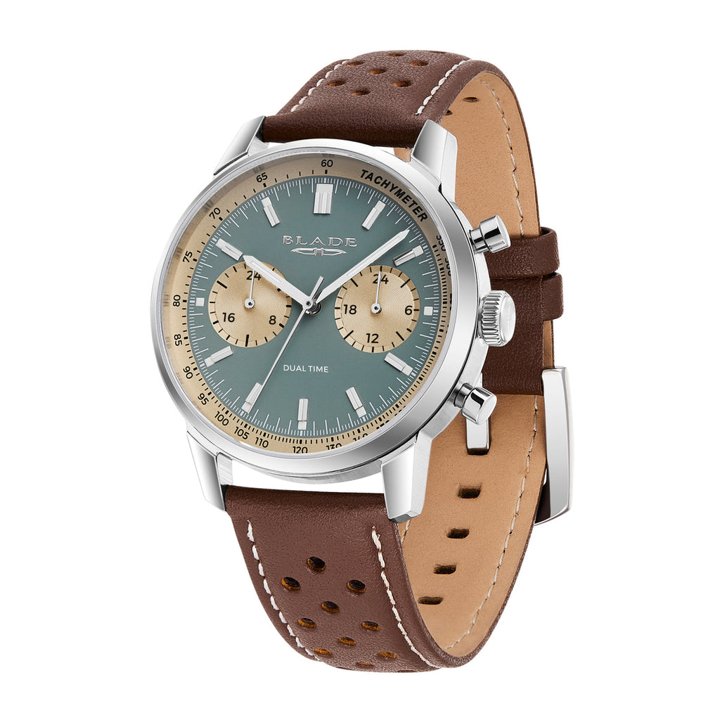 BLADE Rally Khaki 3721G1SED Men’s Dual-Time Chronograph Watch – Stainless Steel & Brown Leather Strap
